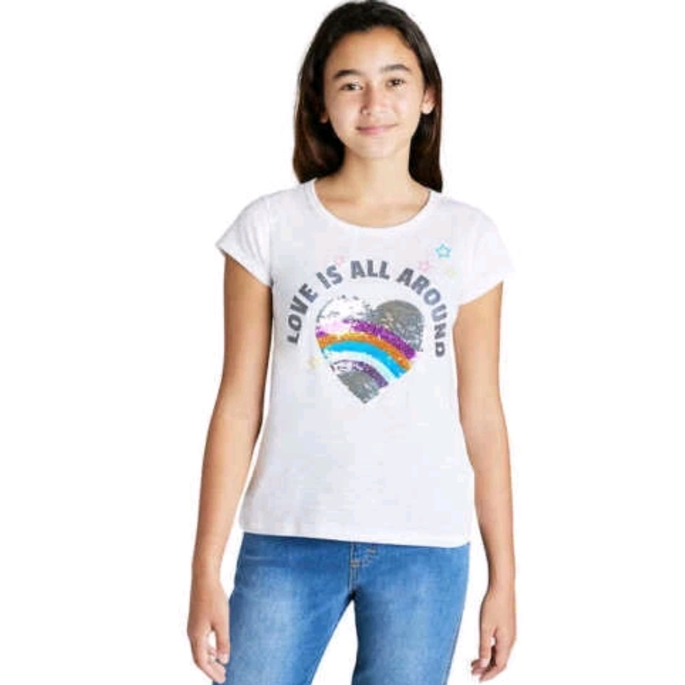 Vigoss White Tee with Rainbow Heart Design